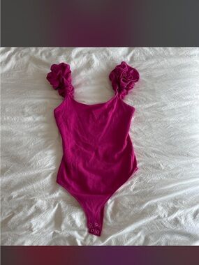 Ruffled Strap One-Piece Bodysuit in Magenta